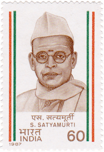 Postage Stamp, India, 60 Paise, S. Satyamurti, 1987, Gandhi Cap, Glasses, Tricolor, National Flag Colors, Devanagari Script, Philately, Commemorative Issue, Freedom Fighter, Social Reformer, Mayor of Madras, indian, indian freedom fighter