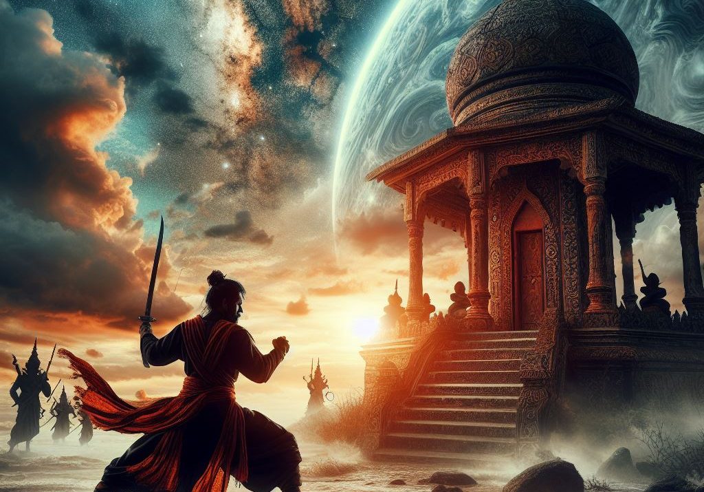 Maratha Empire, Sambhaji II, warrior, cosmic sky, celestial body, ancient temple, historical battle, Indian architecture, traditional attire, mythological scene, valour, military prowess, cultural heritage, historical drama, epic scene