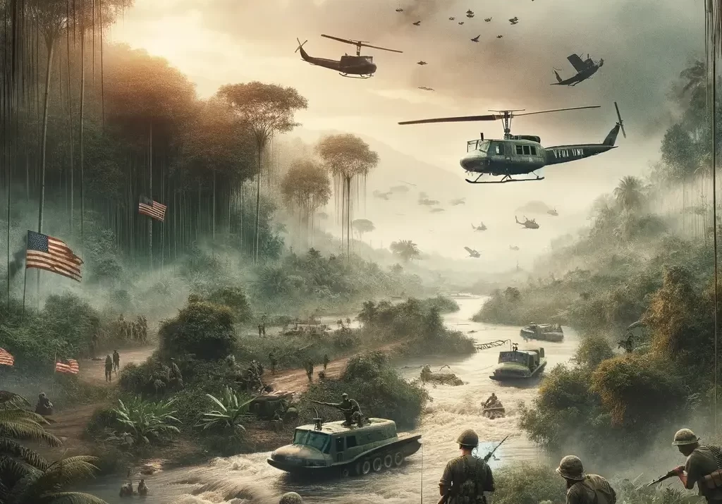 Military Intervention, Jungle Warfare, Mekong River, Helicopter Patrol, U.S. Army, Viet Cong Soldiers, Cold War Conflict, Combat Strategy, Historical Legacy, Tension and Chaos, War Landscape, Air Mobility, River Patrol, Academic Reflection, Somber Mood, Conflict Zone, War Tactics, Interventionist Policy, Global Impact