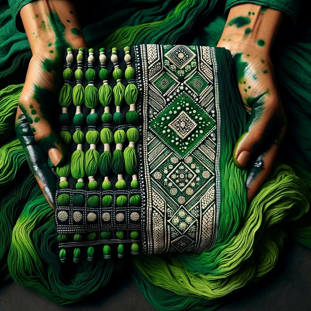 Bandhani, Indian textiles, tie-dye, traditional crafts, textile art, hand-dyed, artisanal techniques, cultural motifs, fabric patterns, green dye, craftsmanship