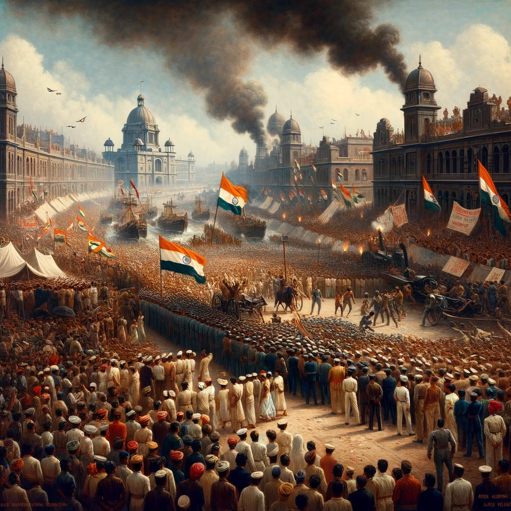 Royal Indian Navy Uprising, civilian protest, Indian flags, historical event, unity, defiance, independence movement, colonial architecture, period attire, nationalistic fervor