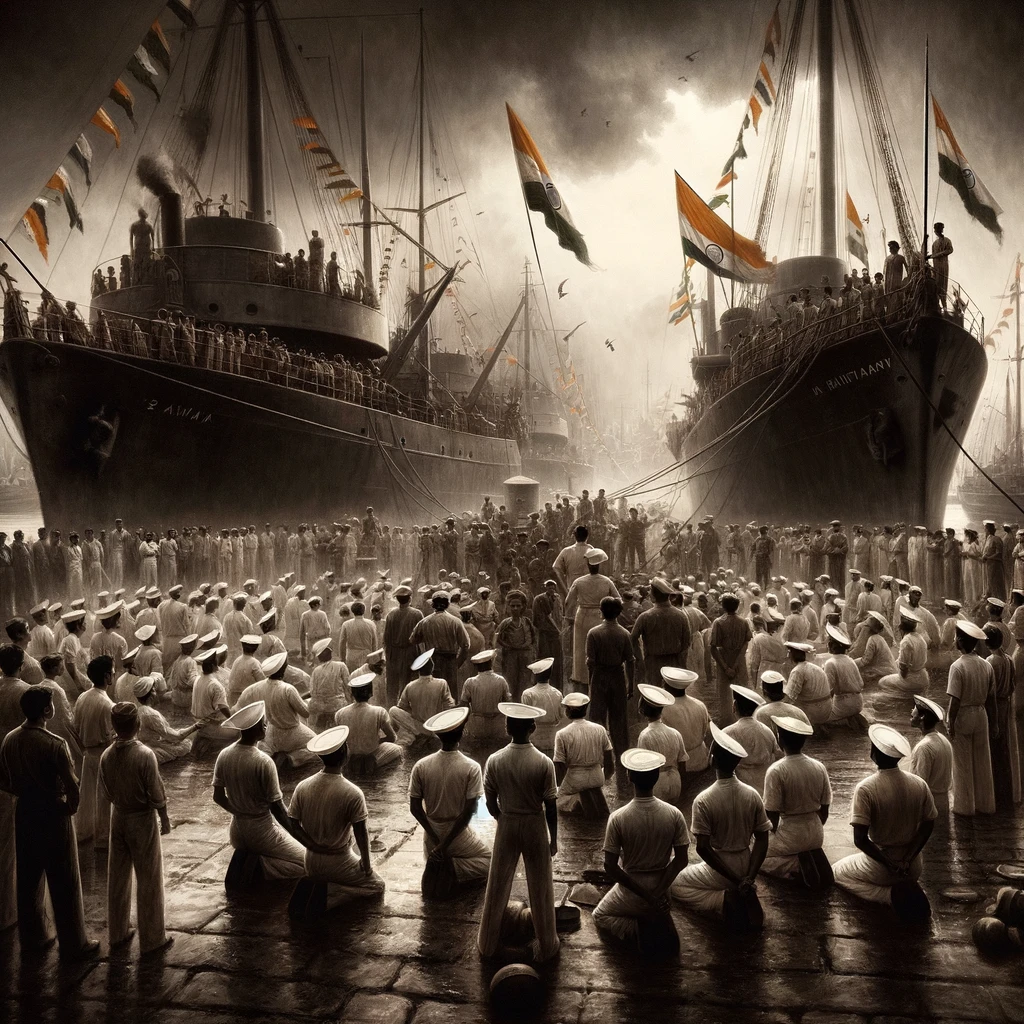 Indian sailors, naval ships, historic mutiny, sepia tone, military gathering, Indian nationalism, Royal Indian Navy Uprising, pre-independence, dockside assembly, unified stance