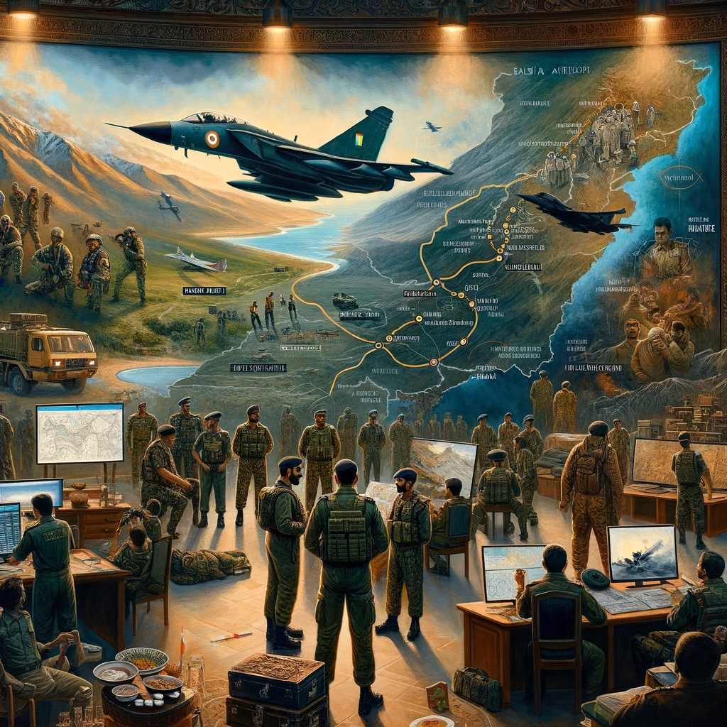 Military, Operations Room, Strategy, Indian Air Force, Fighter Jet, Soldiers, Planning, Mural, Maps, Computers, Logistics, Troop Movement, Surveillance, Strategic Region, Command Center, Air Defense, Military Personnel, Coordination.