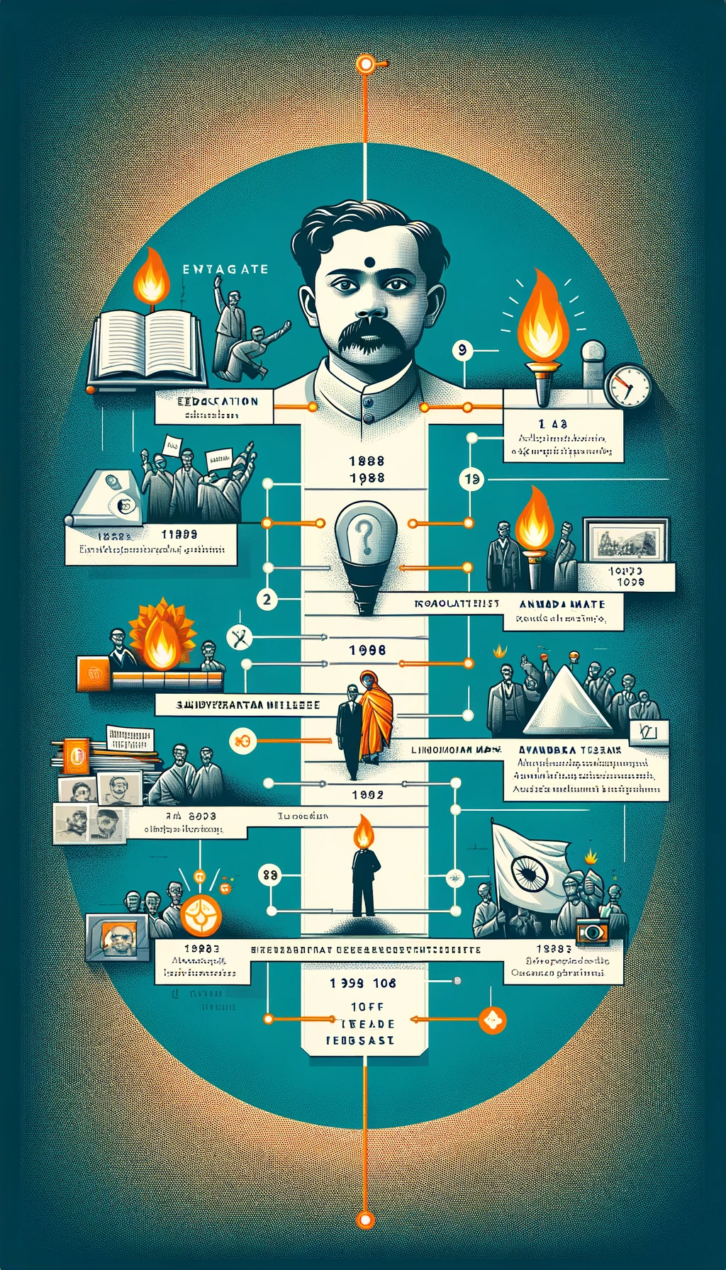 infographic, timeline, Satyendranath Bose, portrait, education icon, loudspeaker icon, torch icon, Swadeshi Movement, Ananda Math, protests, flame icon, legacy, revolutionary activities, historical events