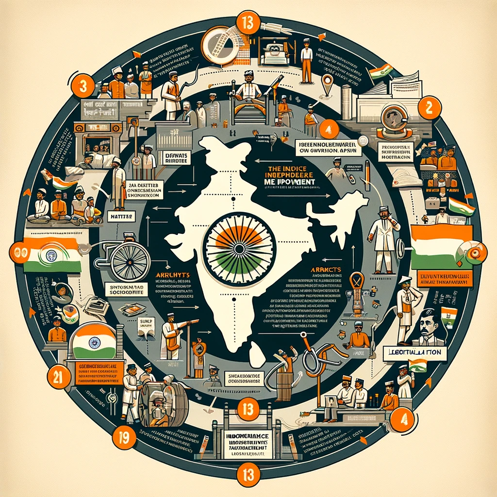 infographic, circular design, India map, independence movement, Partition of Bengal, Swadeshi Movement, revolutionary groups, spinning wheel icon, handcuffs icon, pen icon, Indian flag, 1947 independence, Bose, cause and effect