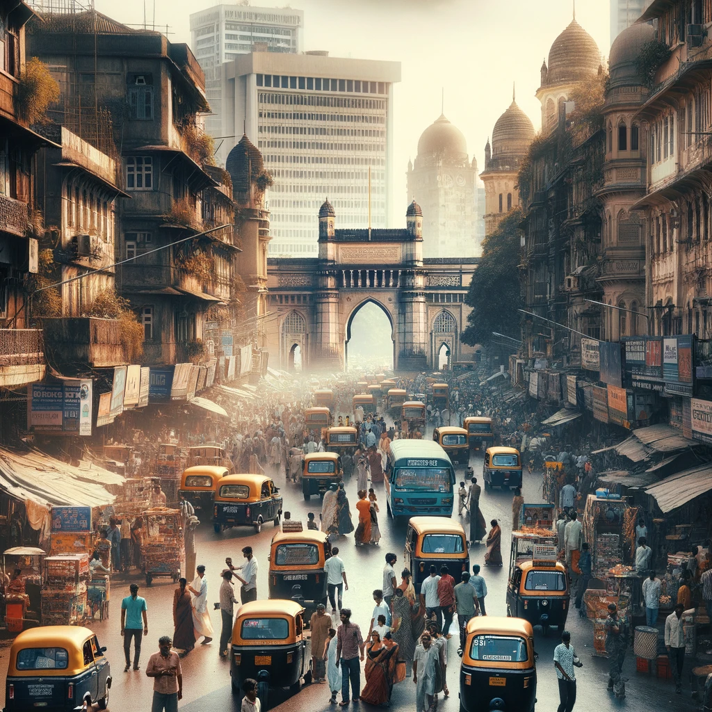 Mumbai, Gateway of India, street scene, bustling city, yellow taxis, colonial architecture, urban life, somber mood, diverse crowd, cityscape.