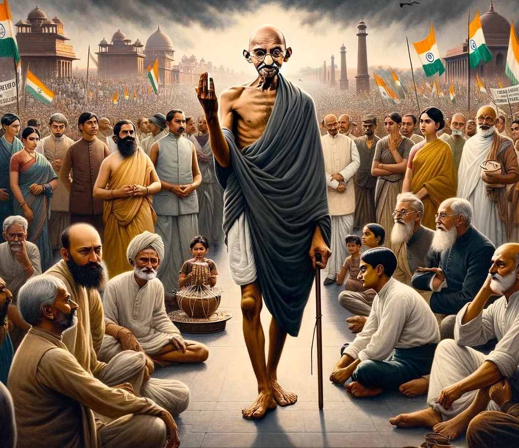 Mahatma Gandhi, Indian independence movement, ahimsa, nonviolence, leadership, diversity, India, public gathering, freedom struggle, contemplation, reverence, Indian society, historical, Rowlatt Act And Gandhi