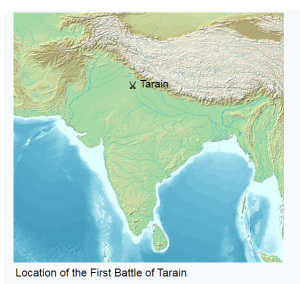 India, topographic map, Tarain, First Battle of Tarain, historical battle site, Indian geography, mountain ranges, plains.