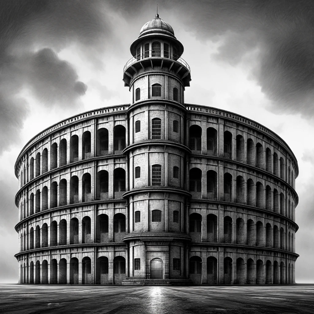monochrome architecture, circular building, domed tower, arched openings, historical structure, grand edifice, overcast sky, dramatic lighting, architectural photography, black and white image.