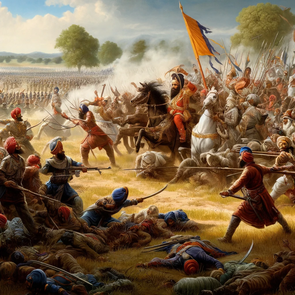 Battle of Kartarpur, Sikh warriors, Guru Hargobind, Mughal army, 17th century battle, Punjab region, historical warfare, Sikh military history, traditional military attire, close combat
