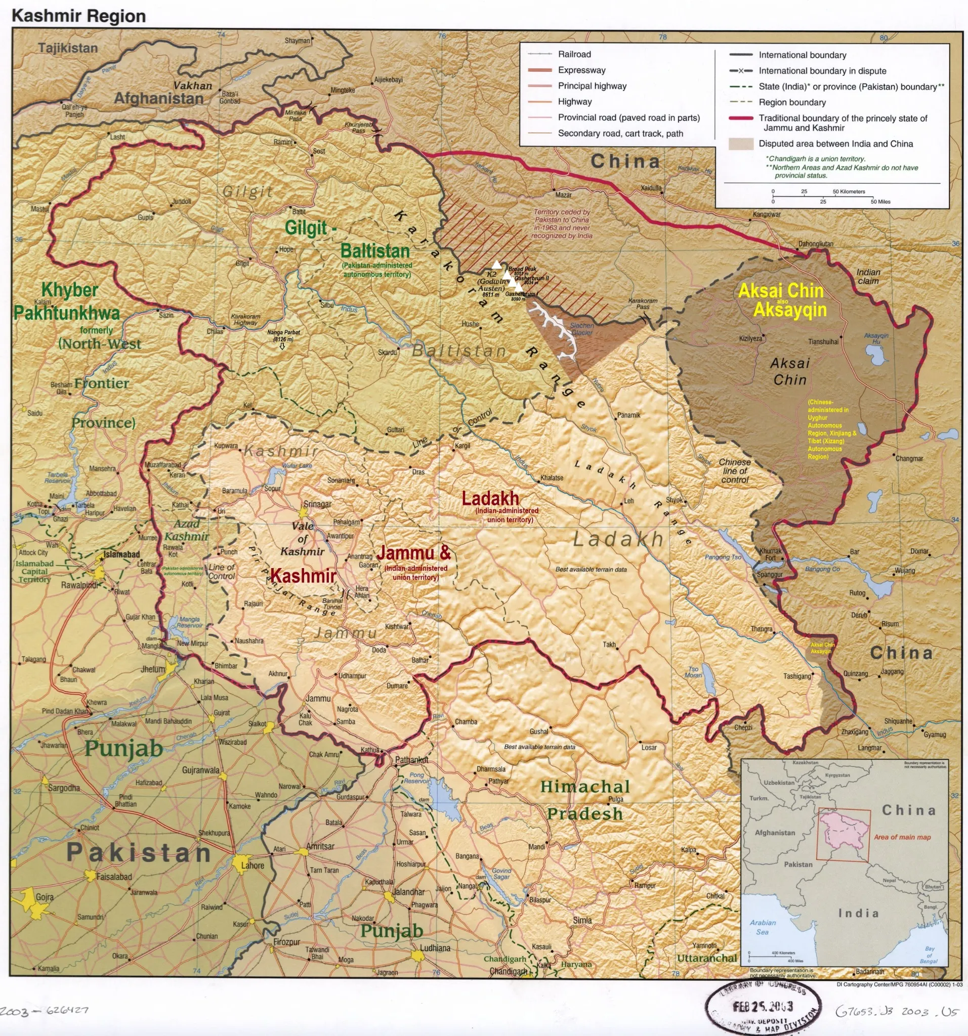 Kashmir, topographical map, Line of Control, international boundaries, Jammu and Kashmir, Ladakh, Gilgit-Baltistan, Aksai Chin, Pakistan, India, China, highways, roads, geographic features, regional map, geopolitical borders, LOC map, expressways, Himalayas, topography.