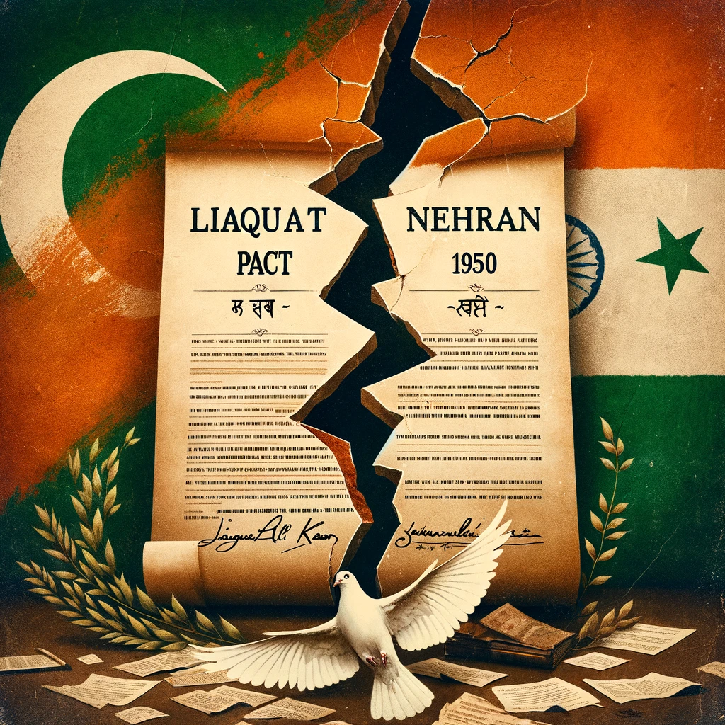 The image features a torn document titled "Liaquat Pact" on the left and "Nehran 1950" on the right, symbolic of the Liaquat–Nehru Pact between Pakistan and India. The document is split down the middle by a jagged crack, against the backdrop of the Pakistani and Indian flags, also cracked and suggesting a deep divide. In the foreground, a dove, traditionally a symbol of peace, is seen in flight, with olive branches below — a stark contrast to the broken pact. Scattered around are loose papers and a closed book, possibly signifying the end of a chapter in history or the close of diplomatic efforts, on this day april 8