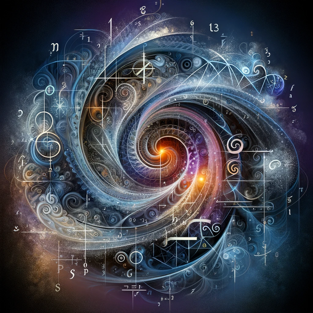 cosmic spiral, mathematics, astrophysics, digital art, mathematical symbols, abstract, galaxy, supernova, black hole, pi, infinity, equations, numbers, space, universe, art