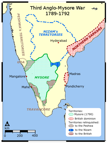 Third Anglo-Mysore War, historical map, Mysore, Nizam's territories, British dominion, South India, territorial changes, 18th century, Mangalore, Madras, Pondicherry, Hyderabad, geopolitical