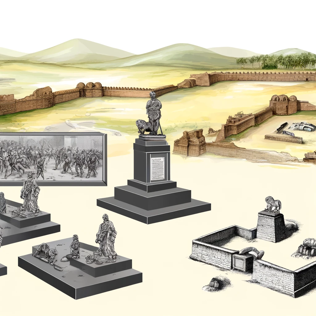 historic site, warrior statue, battle commemoration, engraved plaques, peaceful setting, military remnants, 18th-century South India, historical reverence, battlefield legacy, sunlight trees