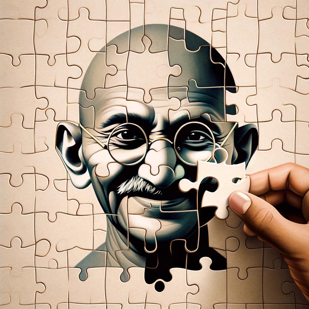 Gandhi jigsaw puzzle, Mahatma Gandhi, Indian independence, controversial leadership, divided population, religious lines, Indian freedom movement, complex personality, historical figure, symbolic image