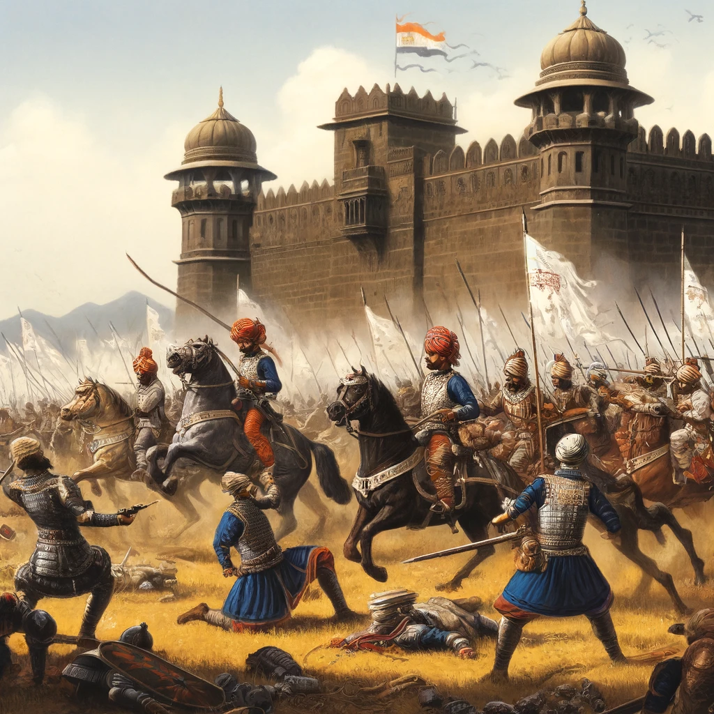 The Maratha victory at Ponda, achieved on May 6, 1675, was a pivotal moment in Indian and Maratha history. This landmark event marked the Maratha Empire's strategic and military prowess, as they captured the fortress from the Bijapur Sultanate. The essay explores the background of the conflict, detailing the Maratha Empire's expansion efforts and their clashes with Indian Muslim rulers. The siege of Ponda was intense, with both sides demonstrating resilience and strategic acumen. The Maratha victory not only boosted their morale but also solidified their influence in western India. The aftermath and legacy of the victory highlight the Maratha's growing dominance and their impact on Indian history, with Ponda serving as a strategic base for their further expansions. , Maratha Empire, Ponda Fortress, historic battle, Western India, Maratha soldiers, Bijapur Sultanate, traditional armor, combat, strategy, military prowess