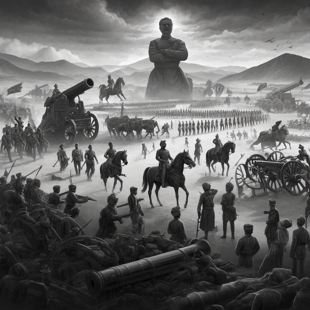 18th-century South India, military threats, advancing armies, cavalry, infantry, artillery, soldiers preparing for battle, military commander, historical tension, grayscale image, Nedumkotta