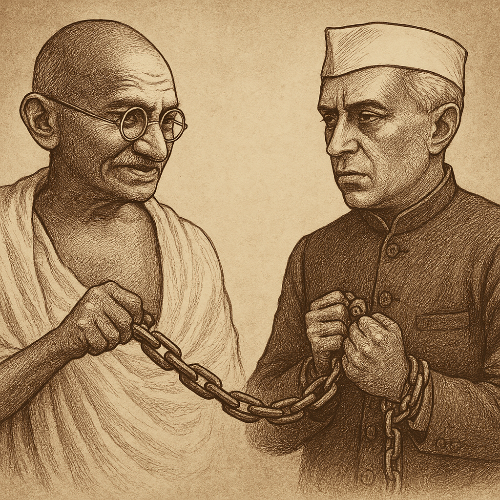 Mahatma Gandhi, Jawaharlal Nehru, Indian independence, historical leaders, political illustration, freedom struggle, chain symbolism, unity