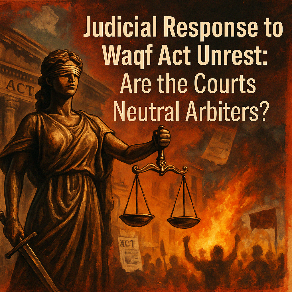 Waqf Act unrest, judicial response, Lady Justice, communal violence, court neutrality, protest fire, HinduinfoPedia