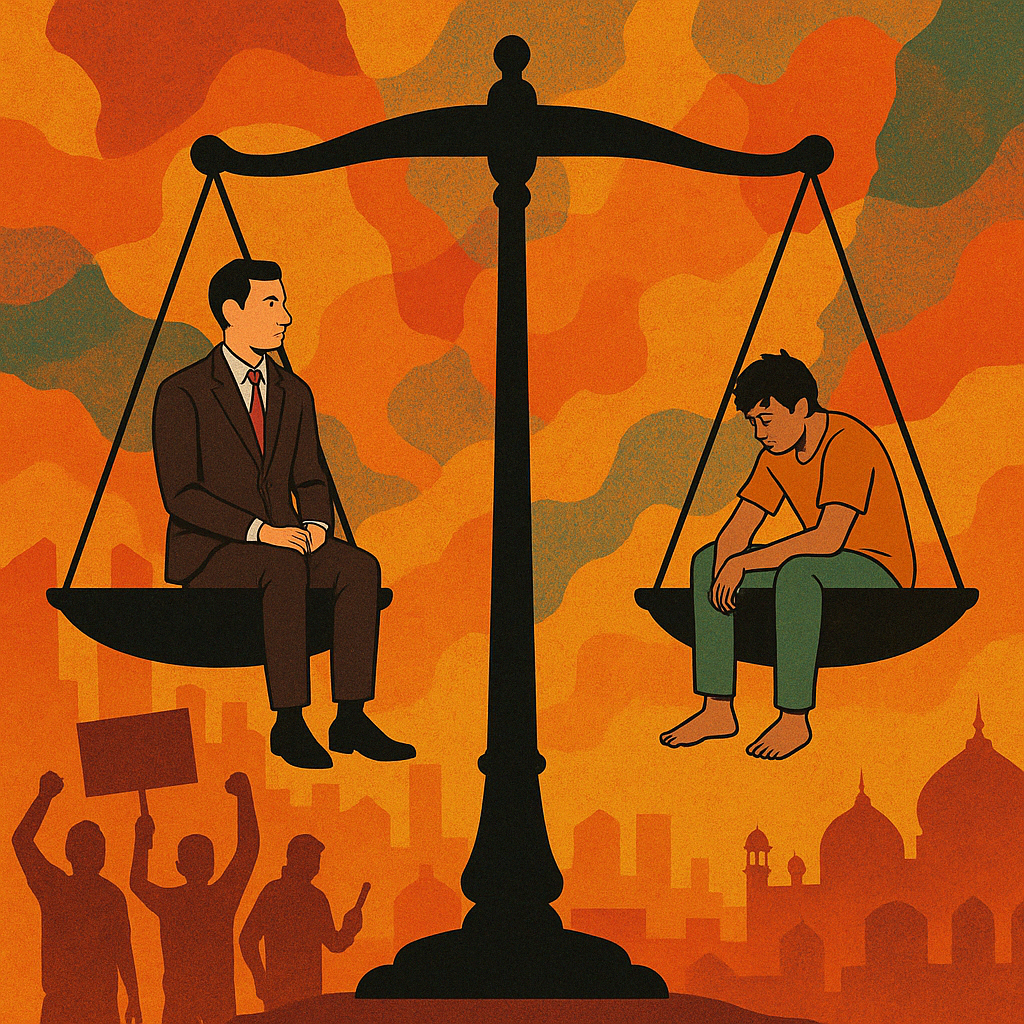 balance of justice, elite and common man, judicial inequality, waqf act protests, social unrest in India, HinduinfoPedia blog image, selective judgement illustration, Indian judiciary bias, protest and inequality artwork, Selective judgement of Waqf act
