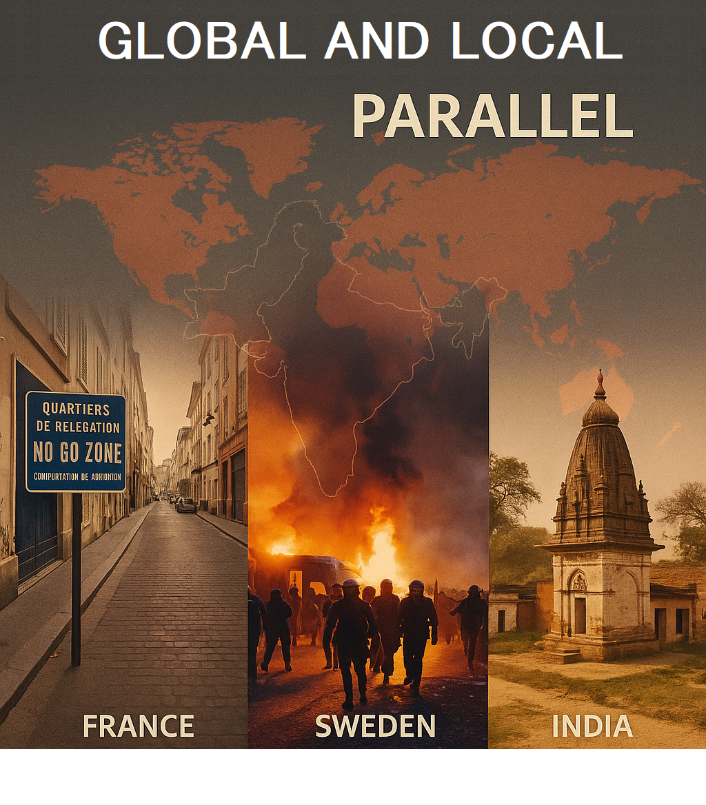 global unrest, religious tension, France no-go zone, Sweden riots, Indian temple, global parallels, communal conflict, triptych collage, religious freedom, international comparison, protest imagery, world map overlay, secularism vs extremism