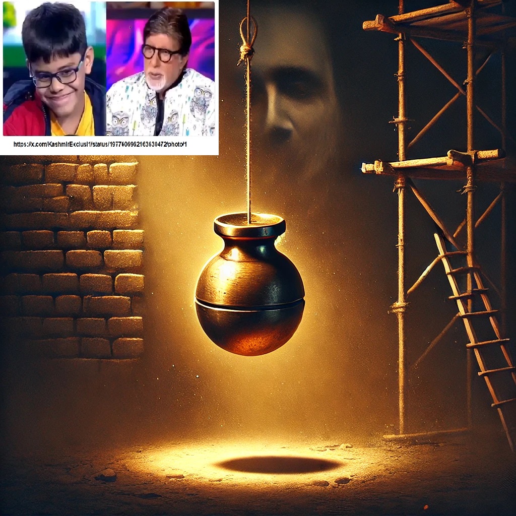 sahool, plumb bob, symbolism, construction metaphor, moral decay, imbalance, dusty atmosphere, glowing brass, scaffold, brick wall, cinematic lighting, sepia tones, ethics, traditional tools, philosophy, societal collapse, introspection, KBC और साहूल