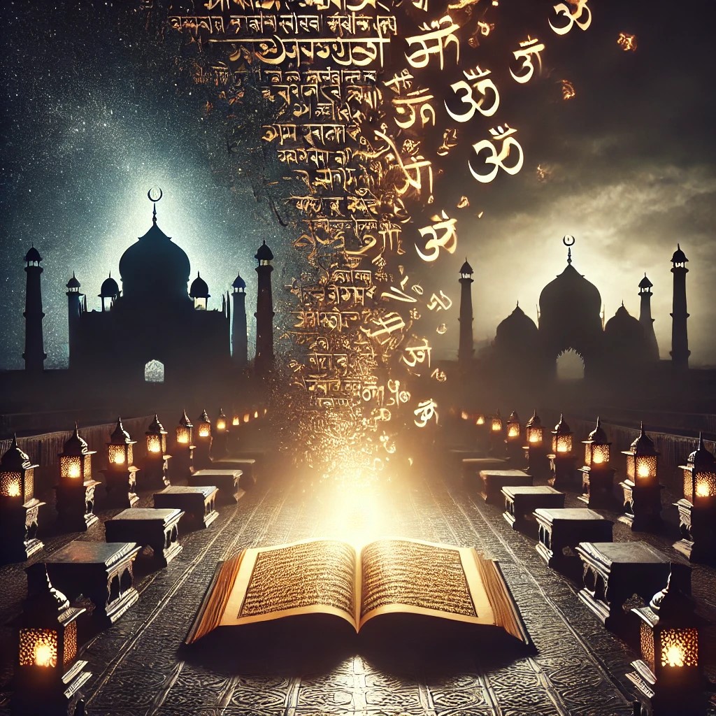 sacred boundaries, theology, civilizational divide, Hinduism, Islam, doctrine, religious symbolism, ideological conflict, sacred space, cultural identity, digital art, cinematic illustration, मुस्लिम धार्मिक ग्रन्थ और बहुदेववादी समाज