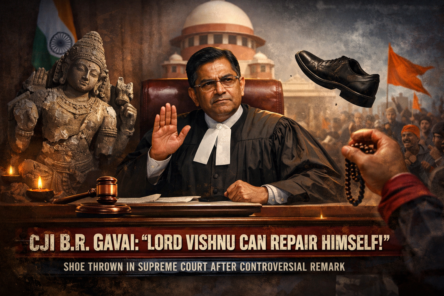 Indian judiciary, Supreme Court of India, Chief Justice of India, judicial controversy, Lord Vishnu, Hindu religious rights, temple desecration, judicial accountability, public protest, shoe throwing incident, faith versus institutions, religious sentiments, courtroom symbolism, Indian democracy crisis, rule of law debate