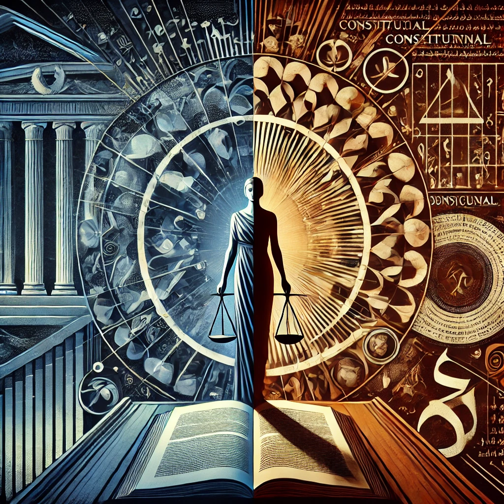 constitutional law, justice symbolism, religious classification, civilizational conflict, rights and equality, legal authority, theology and law, social hierarchy, editorial digital art, ideological divide