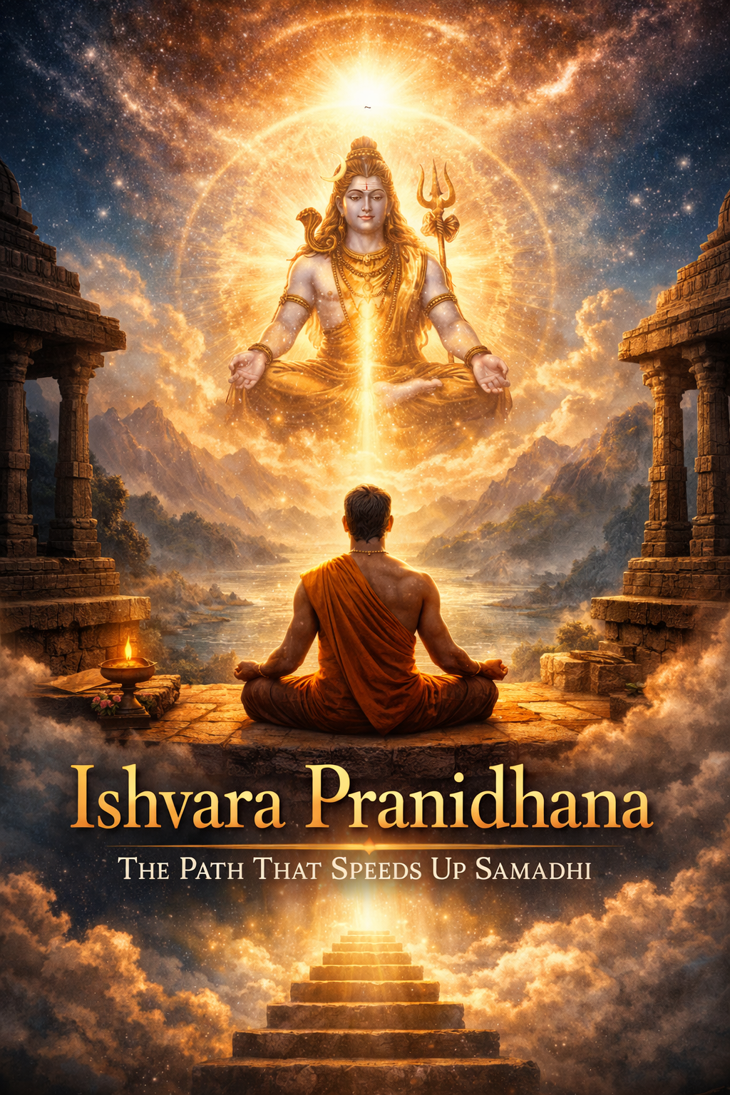 Ishvara Pranidhana, Patanjali Yoga Sutra, Samadhi, Yoga Philosophy, Classical Yoga, Spiritual Surrender, Indian Spiritual Art, Shiva Symbolism, Meditation Art, Hindu Philosophy, Yogic Path, Kaivalya, Sanskrit Tradition, ईश्वरप्रणिधान