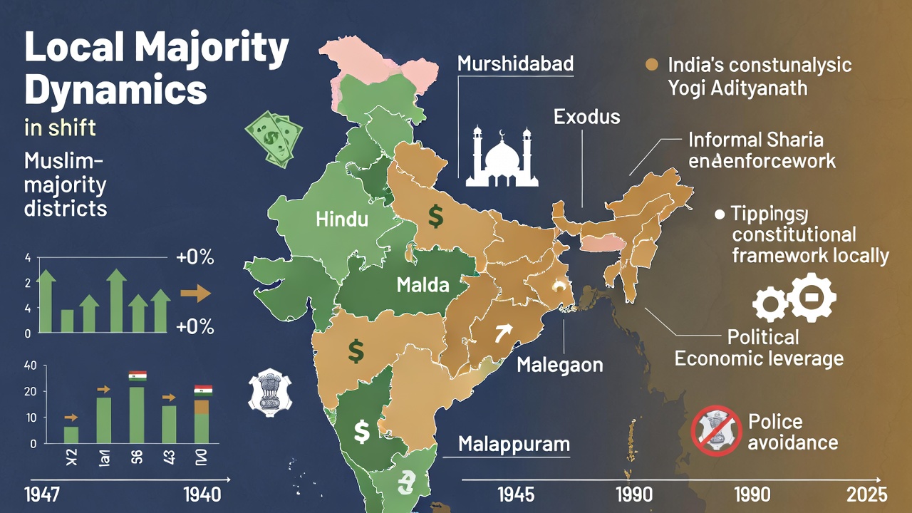 local majority dynamics, yogi adityanath, tipping point analysis, muslim majority districts, hindu exodus, demographic shift india, murshidabad malda malegaon malappuram, political consolidation, informal sharia, constitutional failure, partition legacy, west bengal maharashtra kerala haryana, 1947-2025 timeline, india map infographic, safety asymmetry, micro partition, high fertility clusters