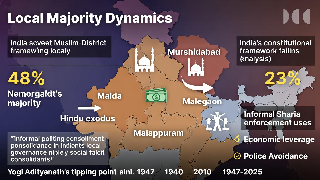 local majority dynamics, yogi adityanath, tipping point analysis, muslim majority districts, hindu exodus, demographic shift india, murshidabad malda malegaon malappuram, political consolidation, informal sharia, constitutional failure, partition legacy, west bengal maharashtra kerala haryana, 1947-2025 timeline, india map infographic, safety asymmetry, micro partition, high fertility clusters