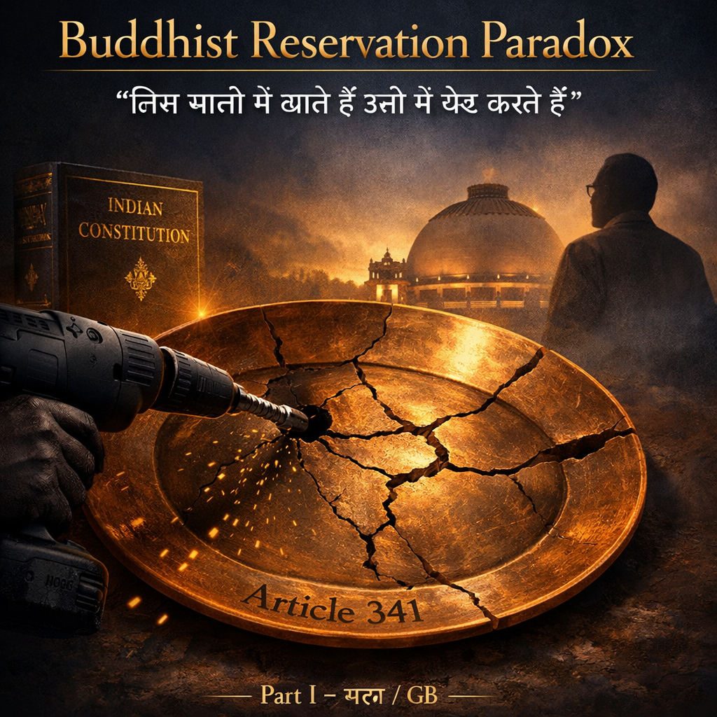 Buddhist Reservation Paradox, Article 341, Indian Constitution, cracked bronze plate, political symbolism, Deekshabhoomi, Ambedkar silhouette, reservation debate, constitutional conflict, social justice discourse, civilizational metaphor, Hindi proverb symbolism, Buddhist Reservation Paradox