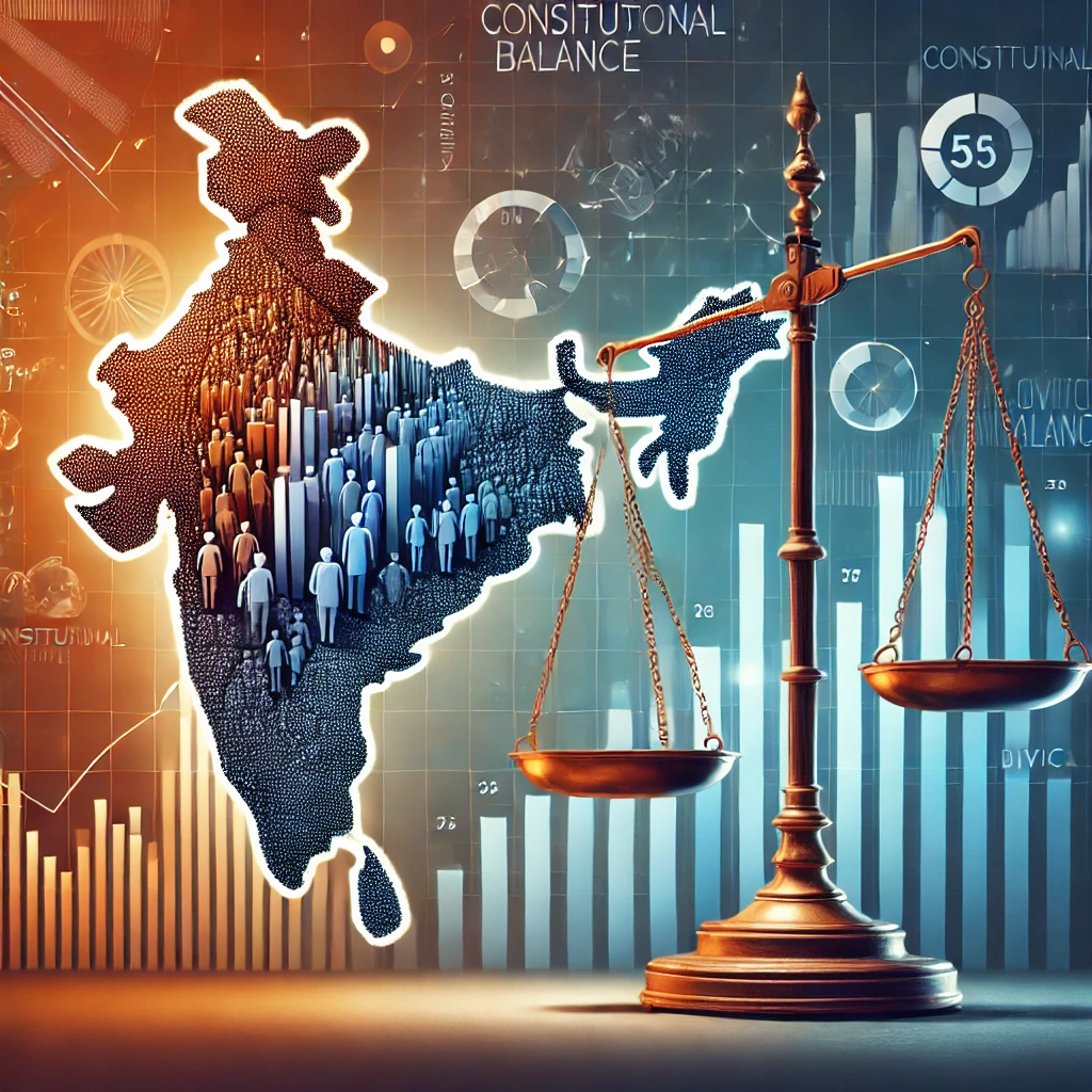 constitutional governance, civic balance, demographic analysis, India map, electoral trends, data visualization, political study, justice scale, social dynamics, policy discussion