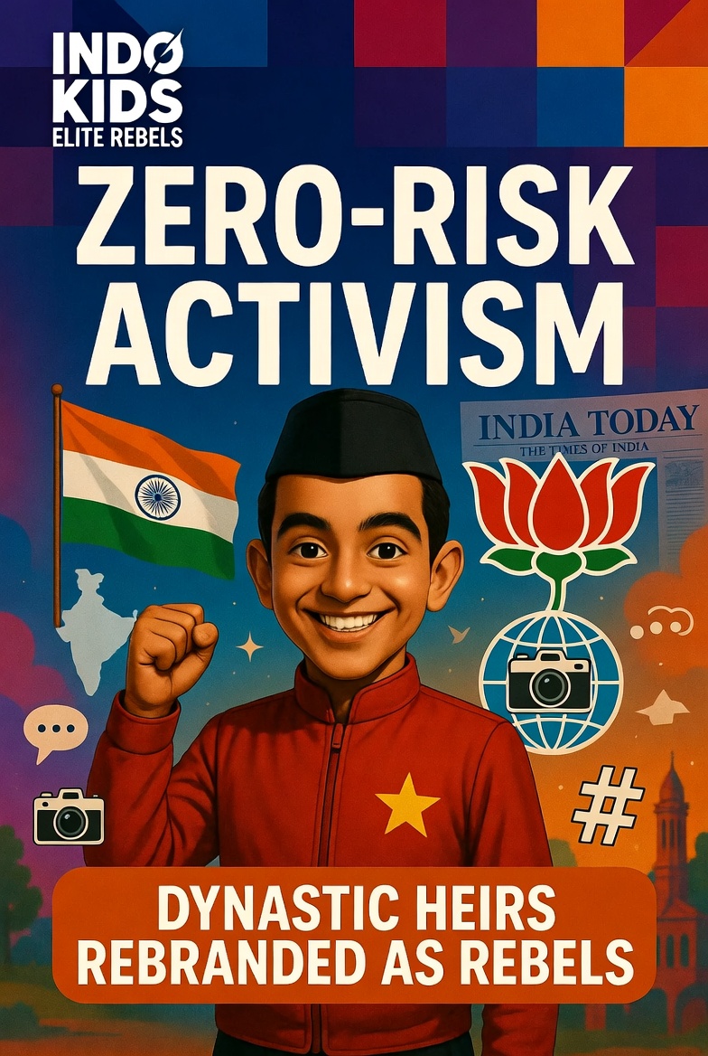 Indo Kids Elite Rebels, zero-risk activism, dynastic heirs, manufactured dissent, privilege rebellion, Indian politics, rebranded rebels, elite activism, political nepotism, designer revolution, Hindu Infopedia, NDA effect, Nepal contrast, credential laundering, victim narrative