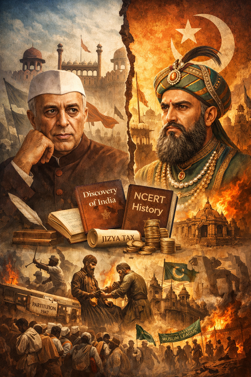 Jawaharlal Nehru, Aurangzeb, Mughal Empire, Discovery of India, NCERT History, Jizya Tax, Temple Destruction, Partition 1947, Muslim League, Indian Historiography, Political Narrative, Historical Debate, Hindu History, Islamic Rule, Ideological Conflict