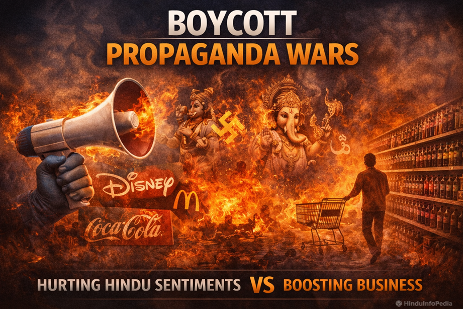 boycott debate, propaganda war, Hindu sentiments, consumer activism, brand controversy, cultural identity, media influence, corporate branding, religious symbolism, business ethics, supermarket aisle, megaphone protest, fire background, political messaging, HinduinfoPedia