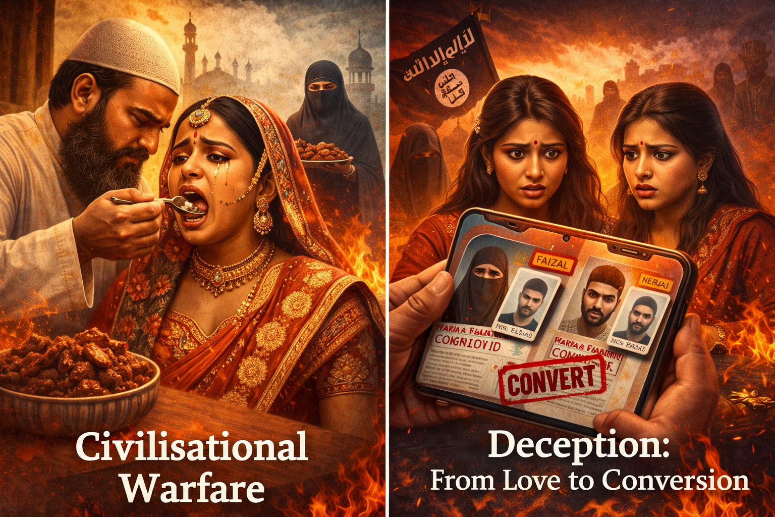 religious conversion controversy, forced marriage narrative, identity deception, radicalisation theme, civilisational conflict, cultural coercion, extremist symbolism, investigative narrative, social conflict imagery, ideological warfare visual, digital recruitment theme