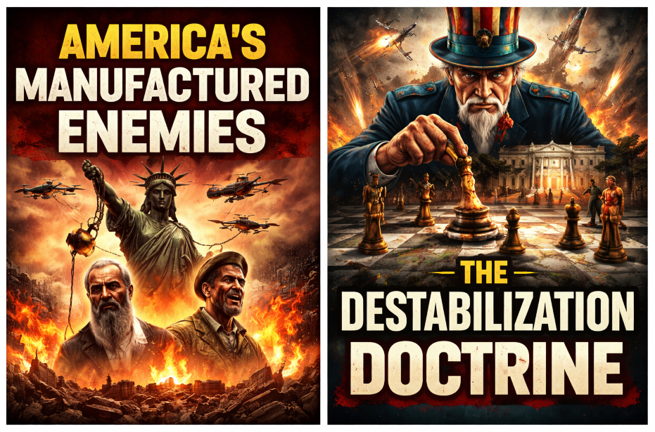 geopolitics, foreign policy, regime change, destabilization doctrine, global conflict, strategic manipulation, war imagery, chessboard metaphor, intervention politics, propaganda art style, symbolic illustration, political commentary