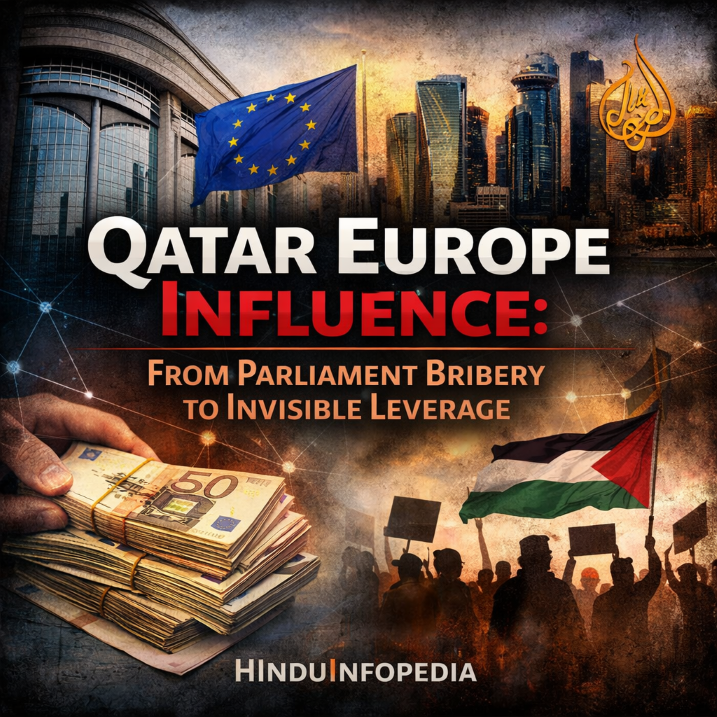 Qatar Europe influence, Qatargate scandal, European Parliament corruption, Qatar political influence, Doha skyline, EU politics, Palestine recognition crisis, Gulf influence in Europe, Muslim Brotherhood networks, European protests, geopolitical influence operations, investigative journalism illustration, कतर का यूरोप पर प्रभाव