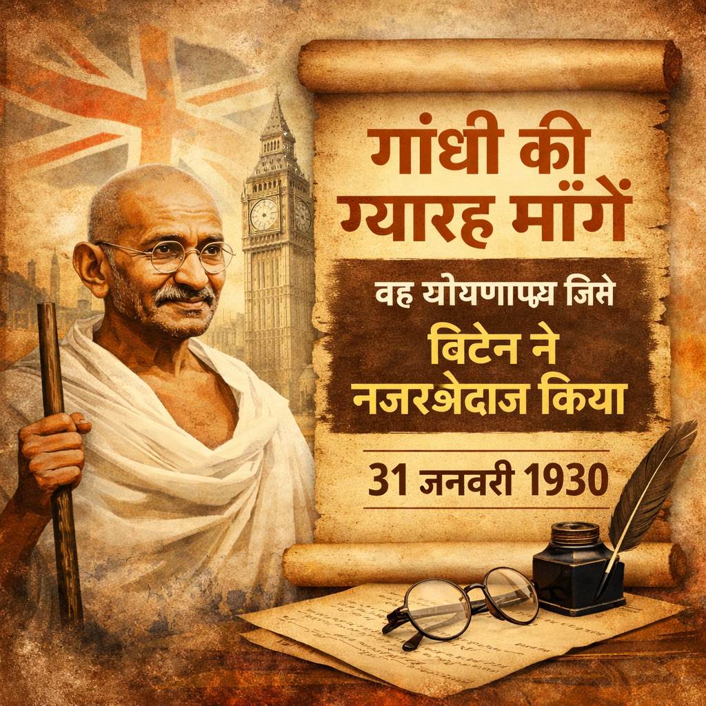 Mahatma Gandhi, Eleven Demands, Salt March, British India, Indian independence movement, colonial rule, Gandhi Irwin, historical illustration, political manifesto, freedom struggle