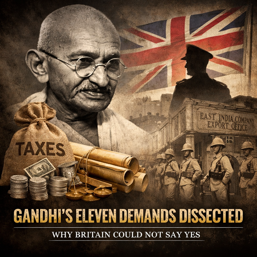 Gandhi, Eleven Demands, British Raj, Colonial India, Salt Tax, Land Revenue, CID, Economic Drain, Freedom Struggle, Civil Disobedience, Indian History, Empire Collapse, Colonial Economy, Gandhi Strategy