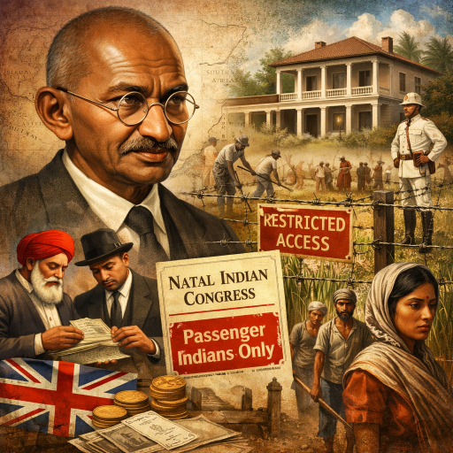 Mahatma Gandhi, South Africa, colonial era, Natal Indian Congress, indentured labour, Passenger Indians, British Empire, plantation, class divide, Indian diaspora, colonial politics, historical illustration, merchant class, legal history, satyagraha origins, गांधी के दक्षिण अफ्रीका वर्ष