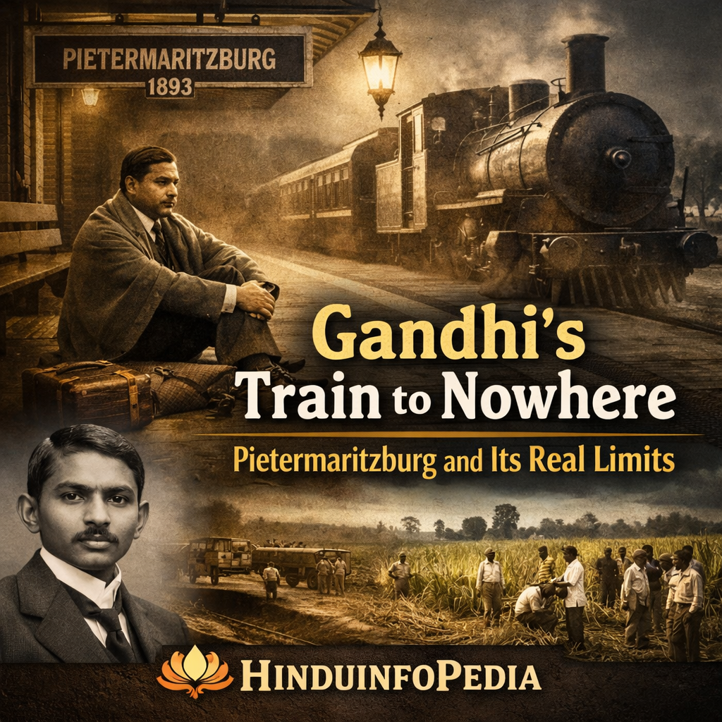 Gandhi, Pietermaritzburg, South Africa history, colonial era, Indian diaspora, railway incident, first class compartment, historical analysis, Mohandas Gandhi, colonial society, sugarcane workers, visual narrative, political awakening, HinduinfoPedia