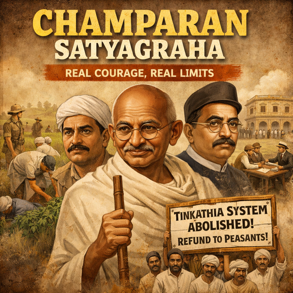 Champaran, Gandhi, indigo farmers, tinkathia system, Bihar history, Indian freedom struggle, peasant movement, colonial India, agrarian crisis, satyagraha, Raj Kumar Shukla, British India, rural India, historical analysis, गांधी का ग्रामीण भारत