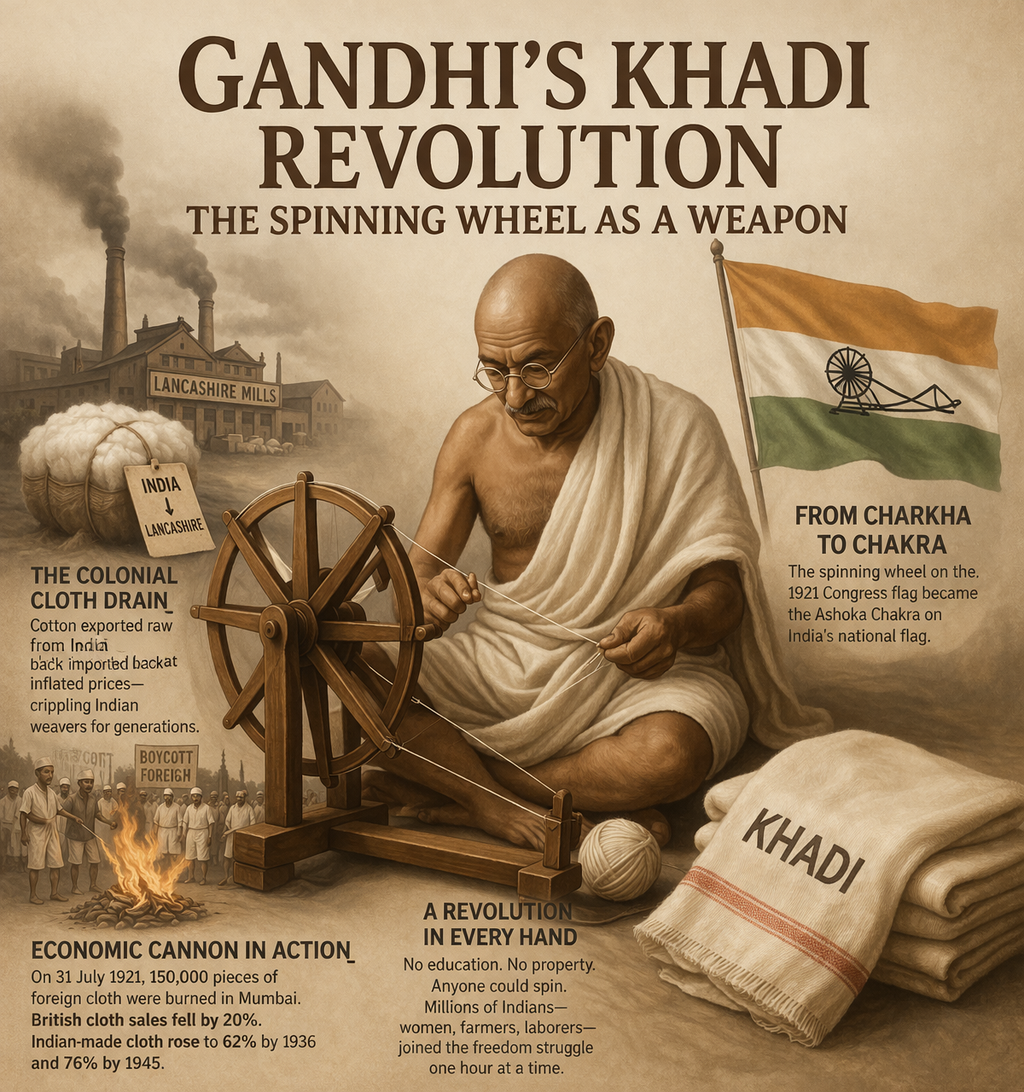 Gandhi, Khadi movement, charkha, Indian independence, Swadeshi, economic resistance, spinning wheel, boycott movement, colonial India, handloom, self reliance, freedom struggle, textile history, Indian nationalism, Gandhi's War Recruitment, गांधी की खादी क्रांति