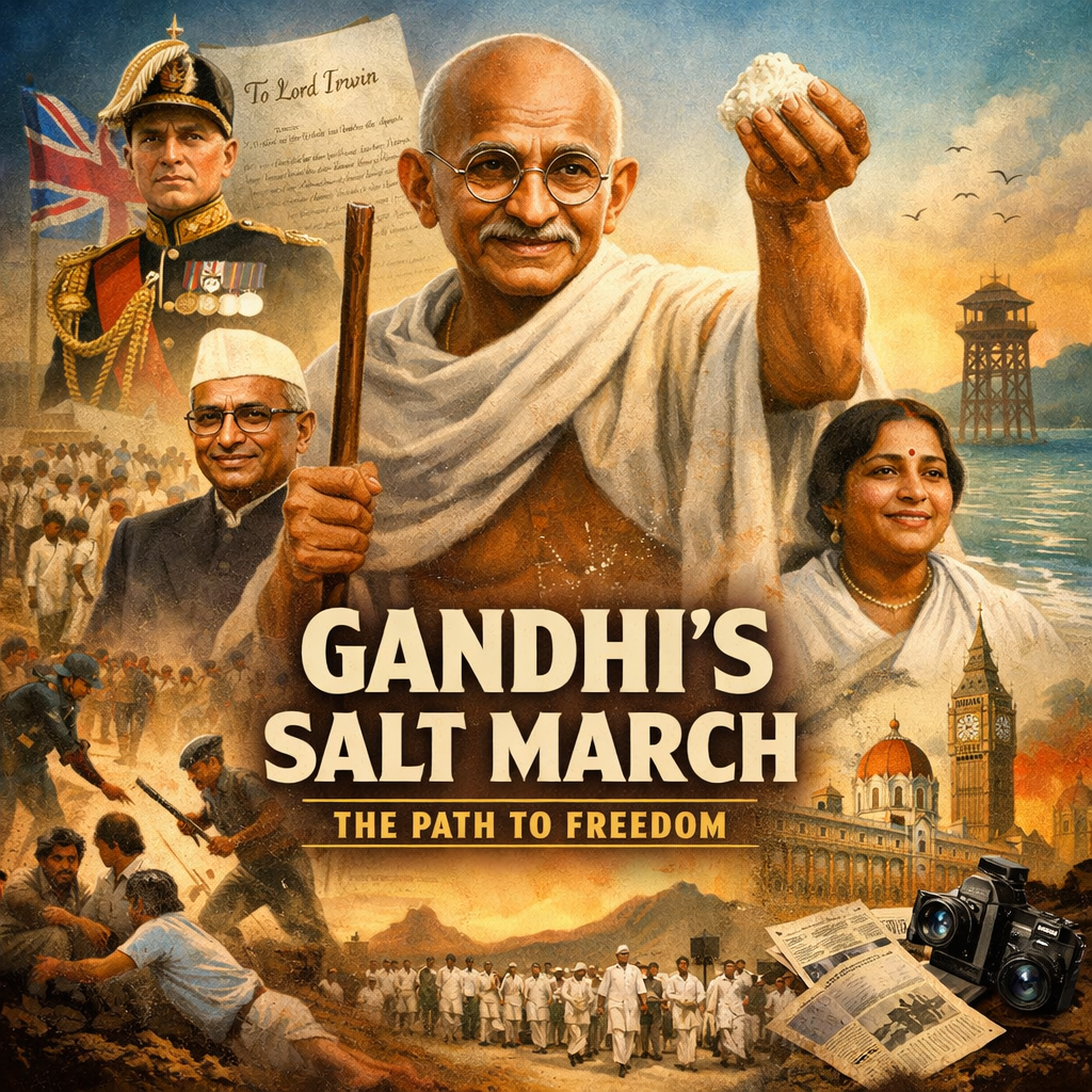 Gandhi, Salt March, Dandi March, Indian independence movement, Sabarmati Ashram, Dandi, civil disobedience, nonviolent protest, colonial India, freedom struggle, historical illustration, khadi, march, leadership, symbolism
