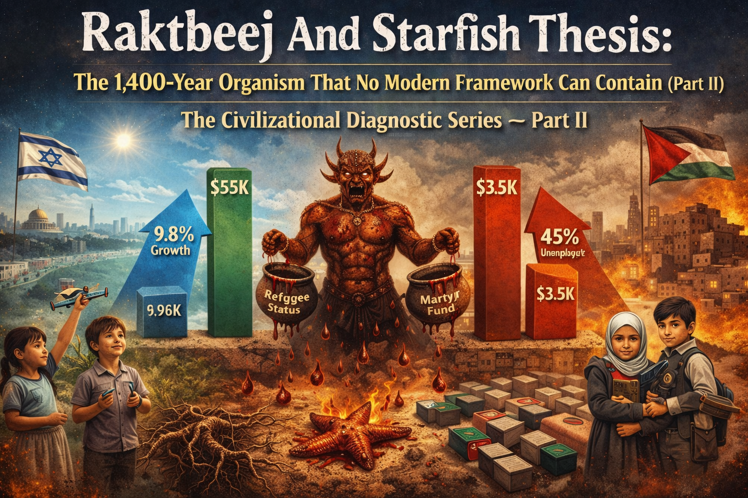 Raktbeej mythology, civilizational conflict illustration, demographic growth analysis, geopolitical symbolism, starfish regeneration metaphor, economic contrast, Middle East conflict theme, population growth dynamics, mythological symbolism, civilizational thesis visual