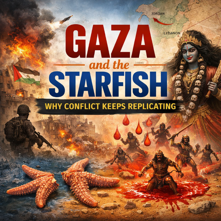 Gaza conflict, starfish regeneration, Raktbeej symbolism, Kali mythology, conflict replication theory, war torn city, biological metaphor, Middle East conflict analysis, civilizational theory, Hindu mythological symbolism